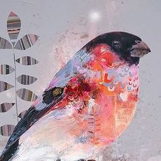 a painting of a bird sitting on top of a tree branch in front of an abstract background