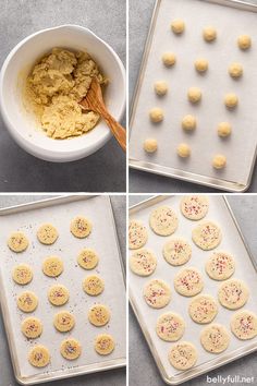 four pictures showing how to make cookies with icing and sprinkles