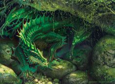 a painting of a green dragon sitting on top of rocks in the forest with moss growing all around it