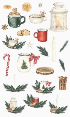 watercolor christmas clipart set with coffee mugs, cookies and candy canes