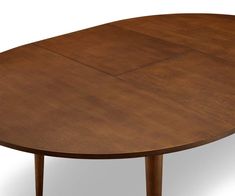 an oval wooden table with two legs and a curved top, viewed from the front