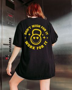 Don't wish for it, work for it! Gym t-shirt for the gym baddies. Wear this for your next gym session as your new favorite pump cover.  Orders over $35 ship for free! Sizing runs true to size, but please refer to the size chart for measurements. This is printed directly onto the fabric so colors will be more of a 'distressed' looked. I find that this t-shirt material becomes softer after washing it!  - 50% cotton, 50% polyester -Loose fit -Sewn-in label -Runs true to size *CARE INSTRUCTIONS* Mach Fitness Tshirt Design Gym, Gym T Shirt Design, Gym Merch, Gym Tshirt Design, Gym Graphic Tees, Gym Pump Cover, Gym Pump, Merchandise Designs