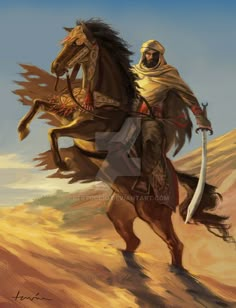 a painting of a man riding on the back of a brown horse in desert area