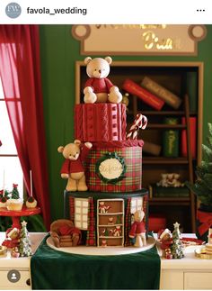 a christmas themed cake with teddy bears on top