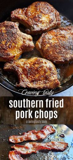 some fried pork chops are cooking in a skillet and then being browned