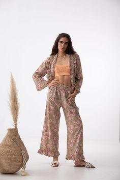 Our latest addition the day nap pajama, meant to be worn day and night! Featuring a hand block print, in beige and pink, and pink pipping details. Ruffles at the sleeve and the hem, elastic waist, and a super comfy fit. closes at the front with buttons. Inspired by Harry styles. Cute Lounge Sets, Boho Style Inspiration, Beige And Pink, Girl Trends, During The Day, Hand Block Print, Abaya Fashion, Comfy Fits, Vintage Pattern