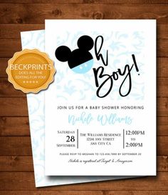 a mickey mouse baby shower party with the name boy on it's front and back