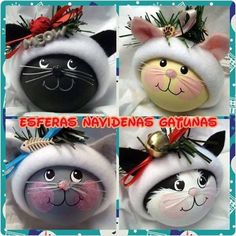 Cat Christmas Ornaments Diy, Cat Ornaments Diy, Christmas Pom Pom Crafts, Christmas Hand Painted, Handpainted Christmas Ornaments, Diy Christmas Tree Ornaments, Cat Christmas Ornaments, Painted Christmas Ornaments, Wreaths And Garlands