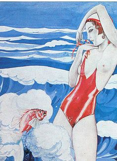 a painting of a woman in a red swimsuit drinking from a water bottle while standing in the ocean