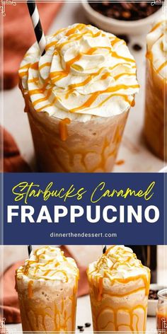 two drinks with whipped cream and caramel drizzled on top are shown