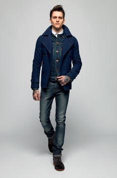 Sneakers Outfit Men, Navy Pea Coat, Looks Jeans, Mens Spring Fashion, Mens Fashion Inspiration, Fashion Man, White Long Sleeve Shirt, The Perfect Guy