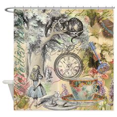 a shower curtain with an image of alice and the wonderland tea party