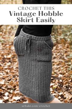 a woman standing in leaves with the text crochet this vintage hobble skirt easily