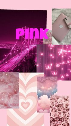 pink collage with hearts, flowers, and other things in the background that are purple