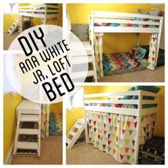 this is a collage of photos of a bunk bed with colorful sheets and pillows