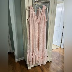 Pale Pink Lace Dress In Size Xxl. Ruffled Hem Has Up And Down Style. This Dress Is So Gorgeous And Flattering. It Was Never Worn, Still Has Tags. Pink Sleeveless Lace Maxi Dress, Sleeveless Lace Sundress Maxi Dress, Sleeveless Lace Sundress Maxi, Sleeveless Lace Maxi Sundress, Feminine Flowy Sleeveless Maxi Dress, Sleeveless Lace Maxi Dress With Ruffles, Flowy Sleeveless Lace Midi Dress, Flowy Lace Sleeveless Midi Dress, Plum Midi Dress