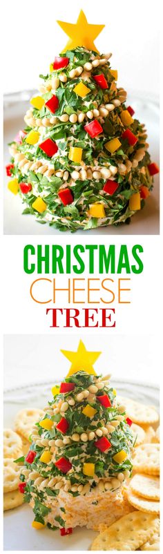 christmas cheese tree made from crackers and other holiday treats on a white plate with the words, christmas cheese tree