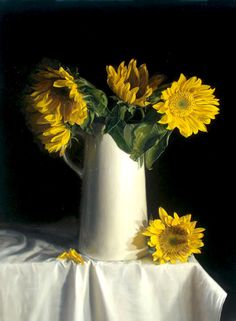 a painting of sunflowers in a white vase on a table cloth with black background