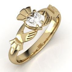 Half Carat Lab-Created Diamond - 14K YELLOW Gold Claddagh Ring <font color=#FF0000> IN STOCK!  Ships in 48 Hours!</font> - CladdaghRING.com Diamond Claddagh Ring, Gold Claddagh Ring, Claddagh Ring, Claddagh Rings, Colorless Diamond, Ring With Diamond, Heart Shaped Diamond, Ring Pictures, Lab Created Diamonds