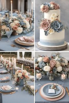 the table is set with blue and pink flowers, candles, and plates on it