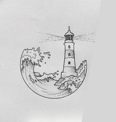 a drawing of a lighthouse on top of a wave