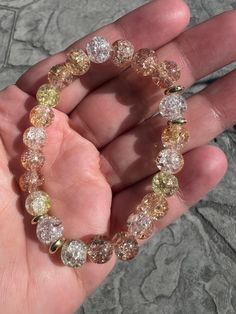 This brac is handmade with crackle beads Sparkling Beaded Bracelets As Gift, Gold Crystal Bracelet With 8mm Beads For Party, Gold Glass Beaded Bracelets, Bead Bracelet, Cute Jewelry, Jewelry Bracelets, Beaded Bracelets, United States, Ships