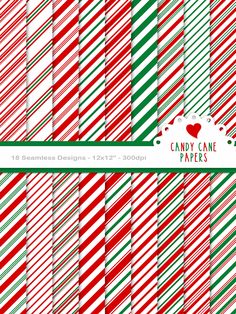 christmas candy canes digital paper set with red, green and white stripes on them