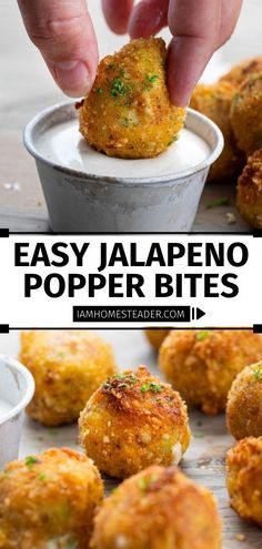 someone dipping some food into a bowl with the words easy jalapeno popper bites