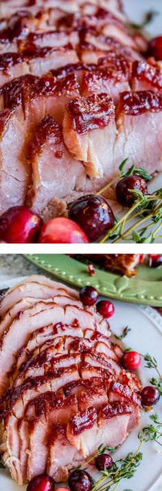 two pictures of meat with cranberry sauce on top and an image of pork