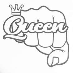 the word queen with a crown on top is drawn in black and white ink by hand