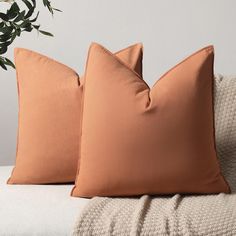 two orange pillows sitting on top of a white couch next to a potted plant