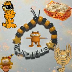 Kandi Bracelets Singles, Garfield Bracelet, Kandi Singles Ideas Words, Emo Bracelet Ideas, Scene Bracelets Ideas, Garfield Kandi, Kandi Single Ideas, Band Kandi, Braclate Ideas