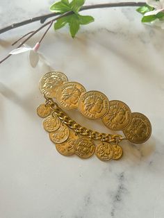 Wonderful Vintage 80s 90s Hair Clip!  - Such a cool and unique piece - Hair clip/barrette  - Gold coins with dangling coins  - Brand new with packaging  - Packaging: New Hair Fashion Made in Korea - Great vintage condition  - Length: 4" approx Statement Hair, 90s Hair, 90s Hairstyles, Hair Fashion, Barrette Clip, Gold Coins, Barrettes, Hair Pieces, New Hair