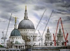 a painting of the dome of st paul's cathedral with cranes in the background