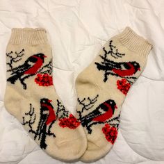 Winter Bird Thick & Cozy Socks Will Fit Most Feet Never Worn, Attached Great Holiday Gift! Cozy Cream Winter Socks, Warm Red Casual Socks, Warm Cream Socks For Winter, Cozy Red Socks For Fall, Comfortable Knitted Cream Socks, Comfortable Cream Winter Socks, Comfortable Cream Socks For Winter, Comfortable Cream Knitted Socks, Comfortable Warm Red Socks