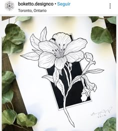 a drawing of a flower on top of a piece of paper next to green leaves