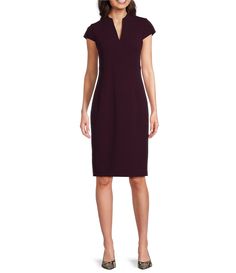 From Calvin Klein&#x2C; this dress features:scuba crepe fabricationsheath silhouettesplit v-necklineShort sleeveslinedcenter back zip closureapprox. 40.5" in lengthpolyester/spandexdry cleanImported. Calvin Klein Bodycon Dress For Work, V-neck Elastane Bodycon Dress For Work, Calvin Klein Knee-length Bodycon Workwear Dress, Calvin Klein Sheath Bodycon Dress For Work, Calvin Klein Sheath Midi Dress For Work, Elegant Fitted Midi Dress With Split Neck, Calvin Klein Midi Length Bodycon Dress For Formal Occasions, Calvin Klein Formal Midi Bodycon Dress, Elegant Fitted Dress With Split Neck