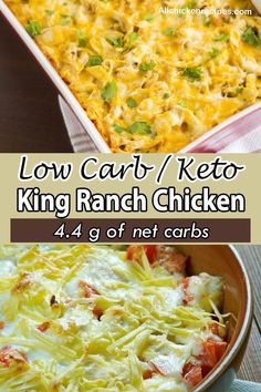 low carb keto king ranch chicken casserole in a pan with text overlay