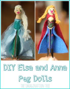 DIY Elsa and Anna  from Frozen peg dolls Frozen Activities, Elsa And Anna Dolls, Frozen Crafts, Waldorf Inspired Toys, Imagination Tree, Anna Doll, Elsa And Anna, Dinosaur Crafts, Diy Rainbow