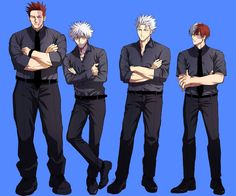 four different poses of an anime character with his arms crossed and one standing in front of him