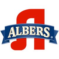 the logo for albert's, which is located in front of a red and blue ribbon