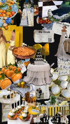 a collage of pictures with oranges and other items on display in front of them