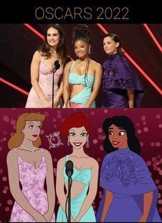 the cast of disney's princesses on stage at an oscars ceremony, from left to right