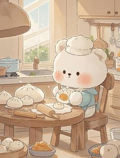 a cartoon bear sitting at a kitchen table