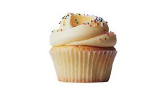 a cupcake with white frosting and sprinkles is shown on a white background