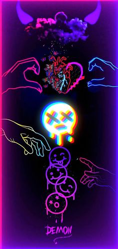 the neon poster shows hands reaching for something