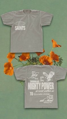 two shirts with orange flowers in them on a green background