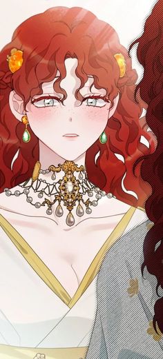 an anime character with red hair and jewelry on her neck is looking at the camera