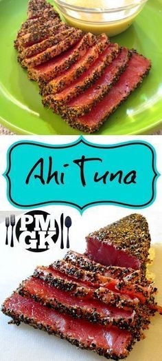 an advertisement for ah tuna on a green plate