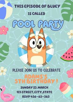 a pool party flyer with an image of a dog